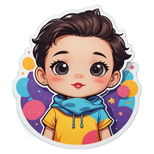 A cartoon boy with big eyes and a colorful shirt.