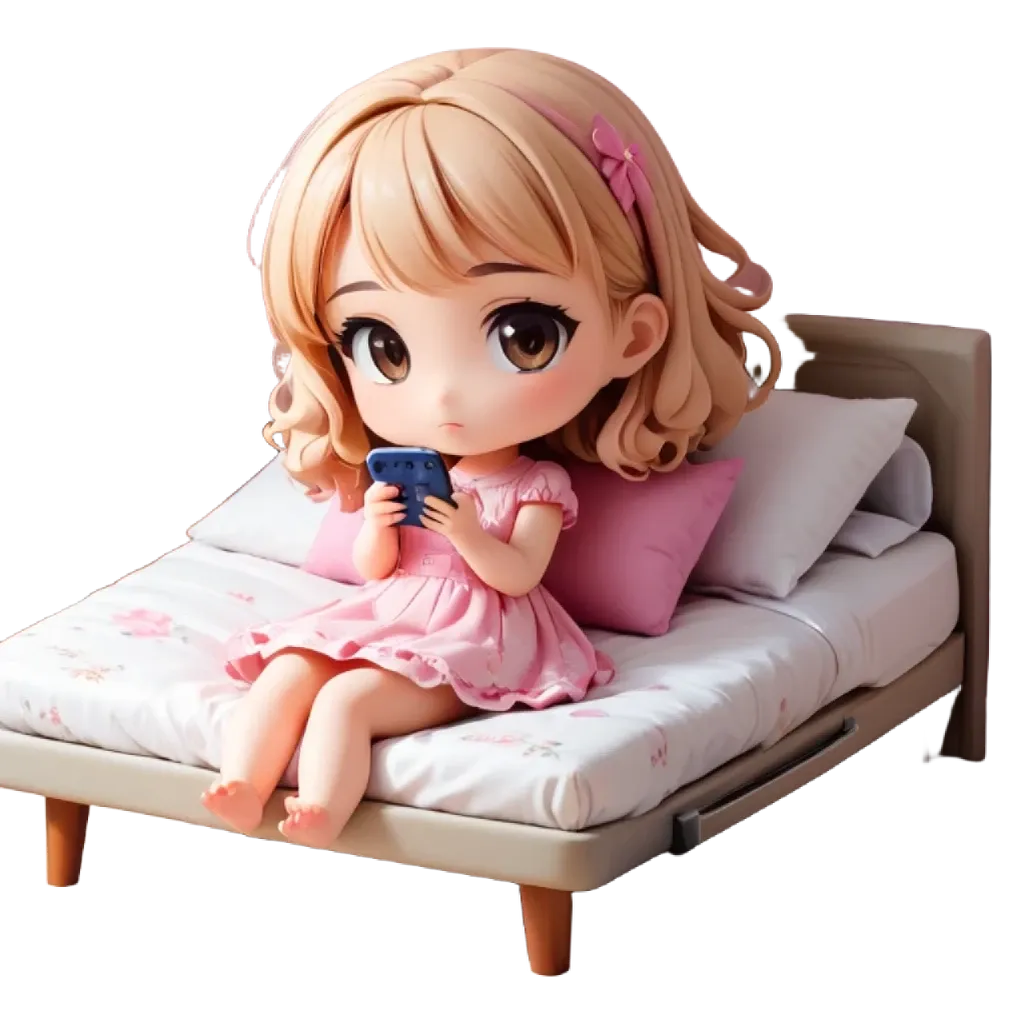 A girl is sitting on a bed holding a phone.