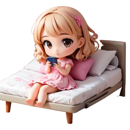 A girl is sitting on a bed holding a phone.
