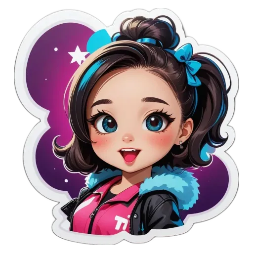 A cartoon girl with a bow in her hair is standing in space.