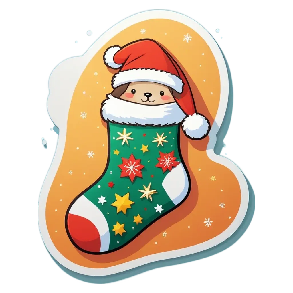 A sock with a dog wearing a Santa hat is in a stocking.