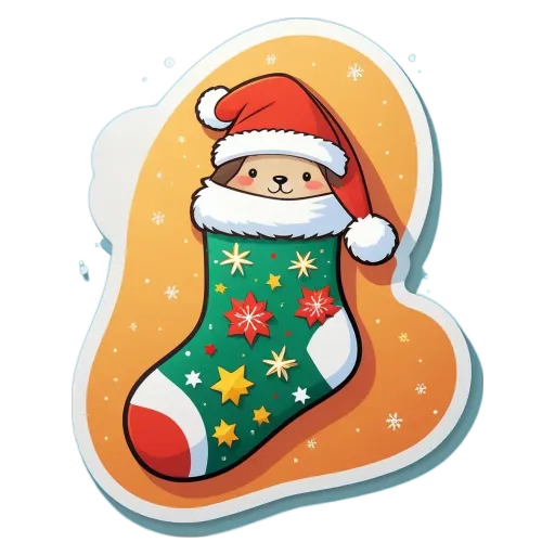 A sock with a dog wearing a Santa hat is in a stocking.
