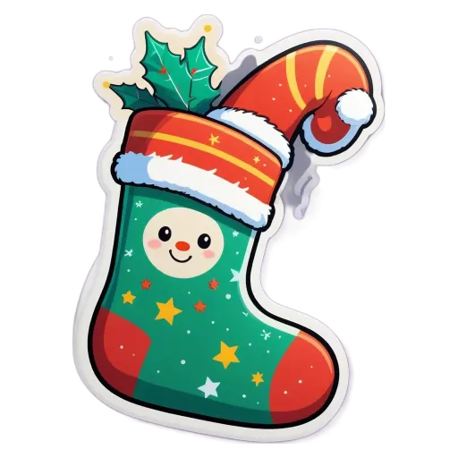 A green and red sock that is decorated for Christmas.