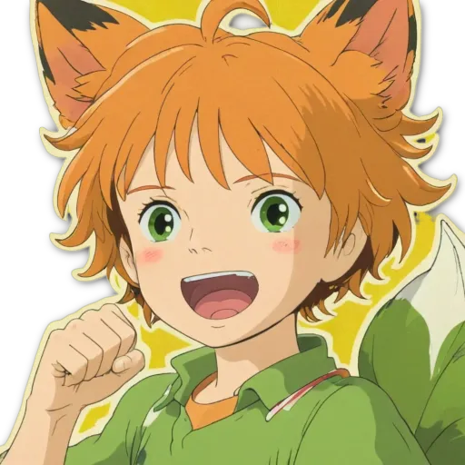 A cartoon image of a boy with green eyes and a red shirt.