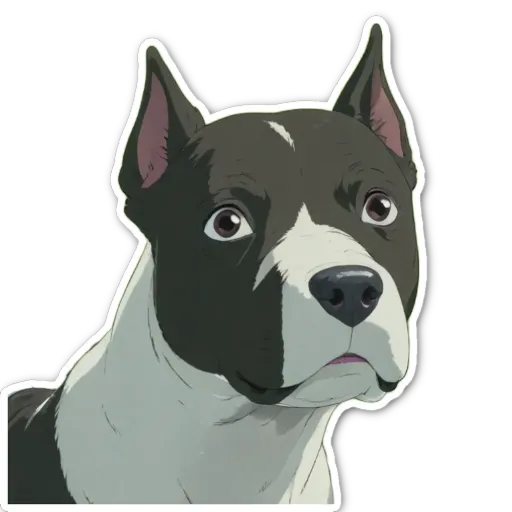 A cartoon dog with a black and white face looking at the camera.