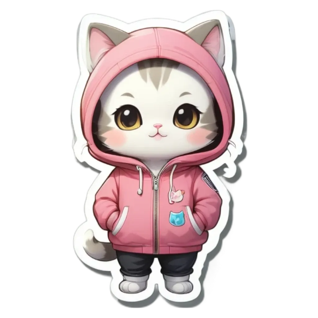 A cat wearing a pink hoodie is standing on a black and white background.
