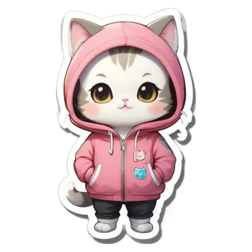 A cat wearing a pink hoodie is standing on a black and white background.