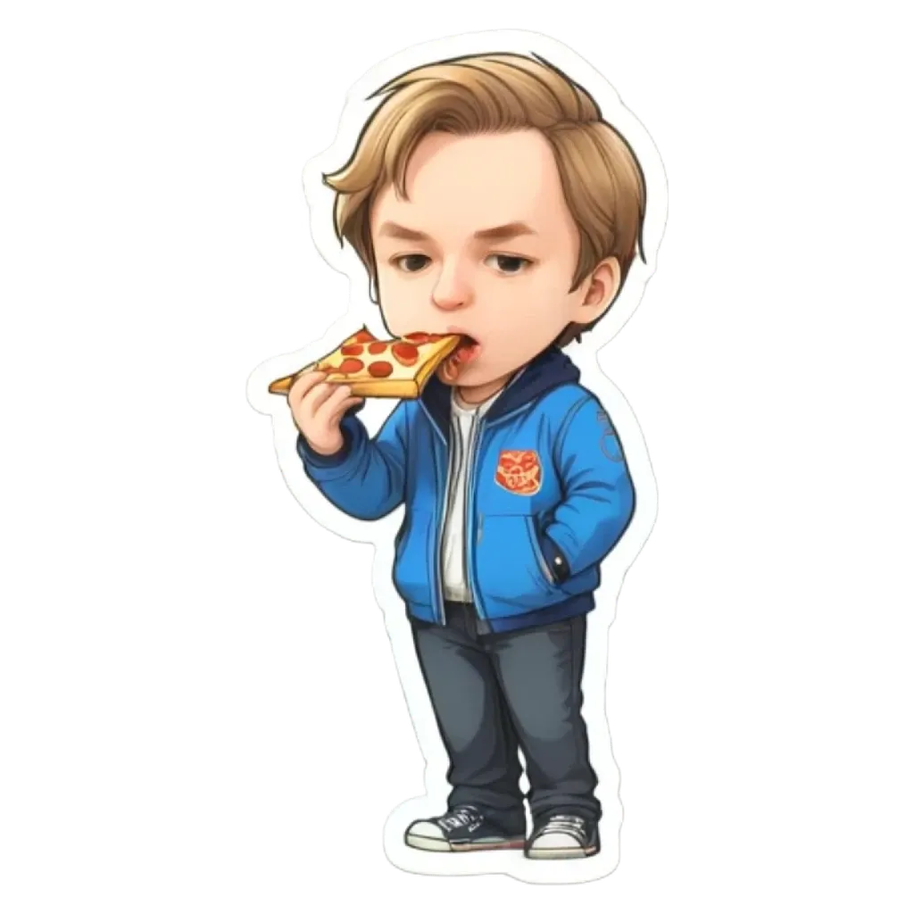A boy eating pizza is depicted in a sticker.