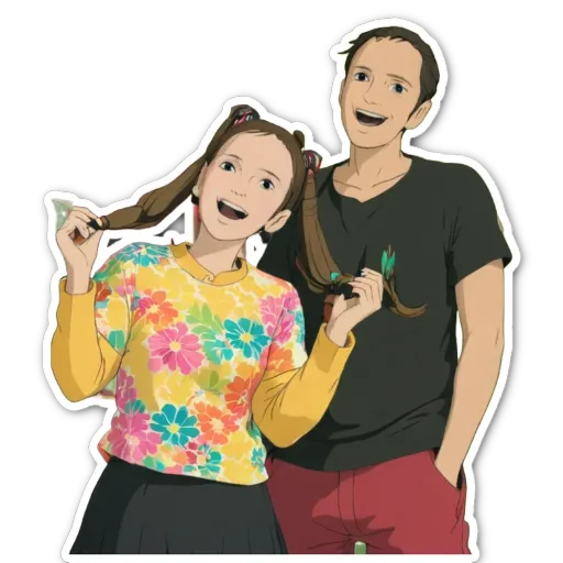 A girl and a boy wearing flowery shirts and holding scissors.