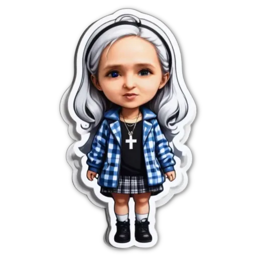 A girl with a cross necklace and a blue and black check dress.