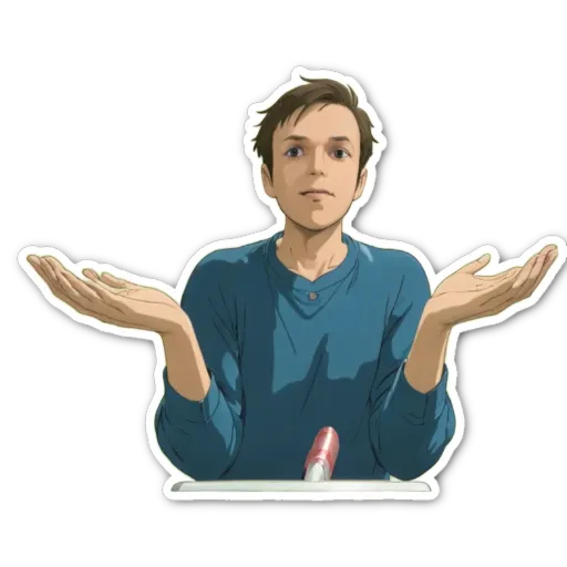 A sticker of a man with his hands up and asking a question.