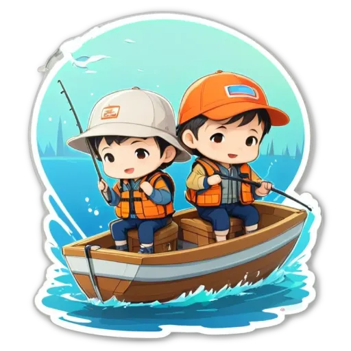 A boy fishing with his brother in a boat wearing life vests.