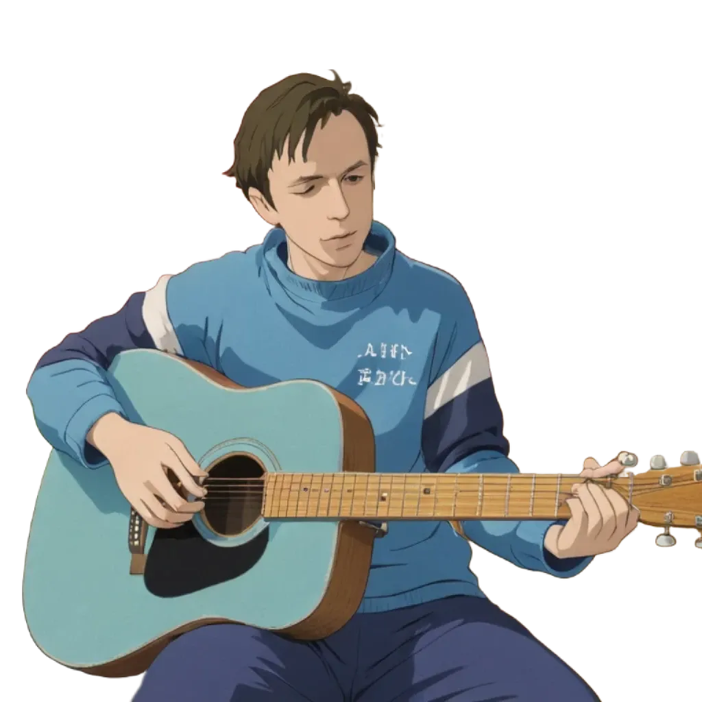 An anime character playing the guitar on a black background.