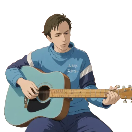 An anime character playing the guitar on a black background.