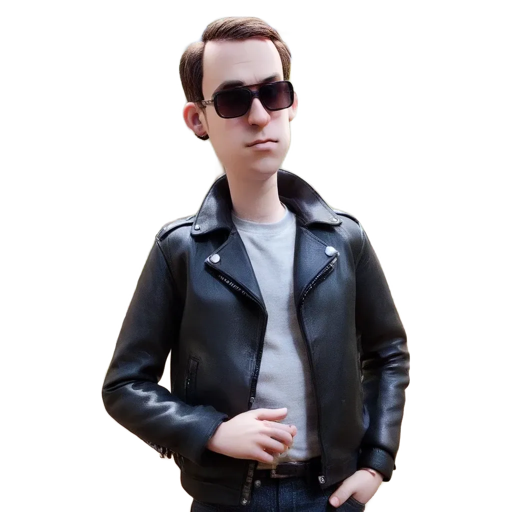 A boy in a leather jacket is standing against a black background.
