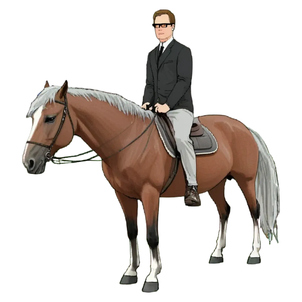 A man in a suit is riding a horse.