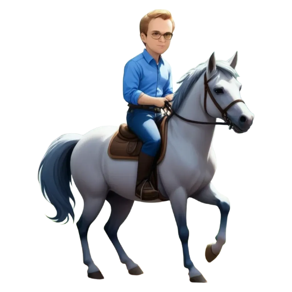 A cartoon of a man in blue jeans riding a white horse.
