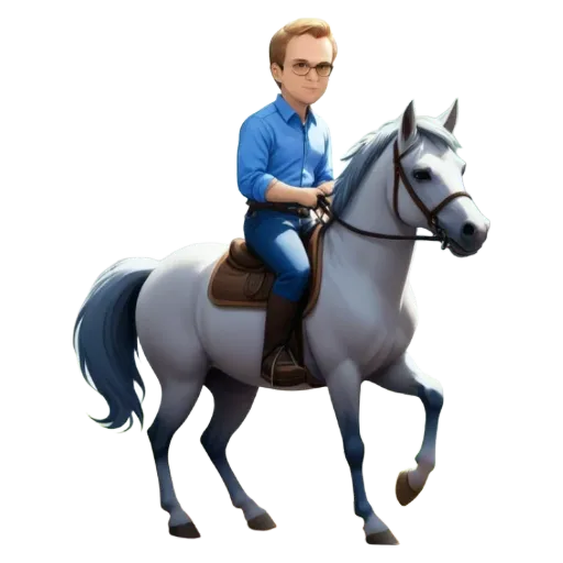 A cartoon of a man in blue jeans riding a white horse.