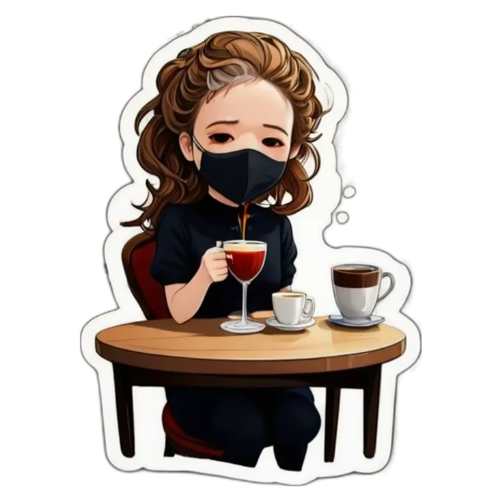 A cartoon drawing of a woman drinking from a glass with a mask on her face.