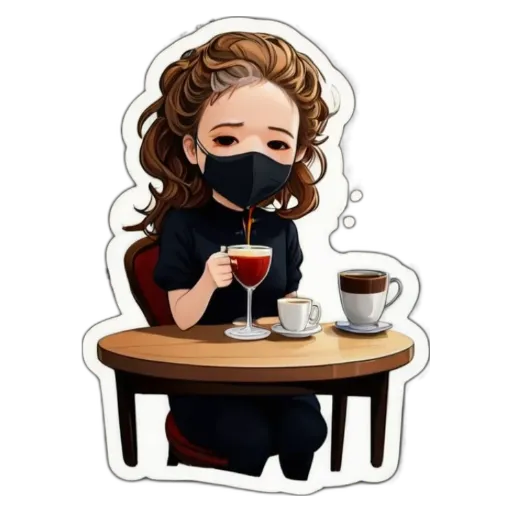 A cartoon drawing of a woman drinking from a glass with a mask on her face.