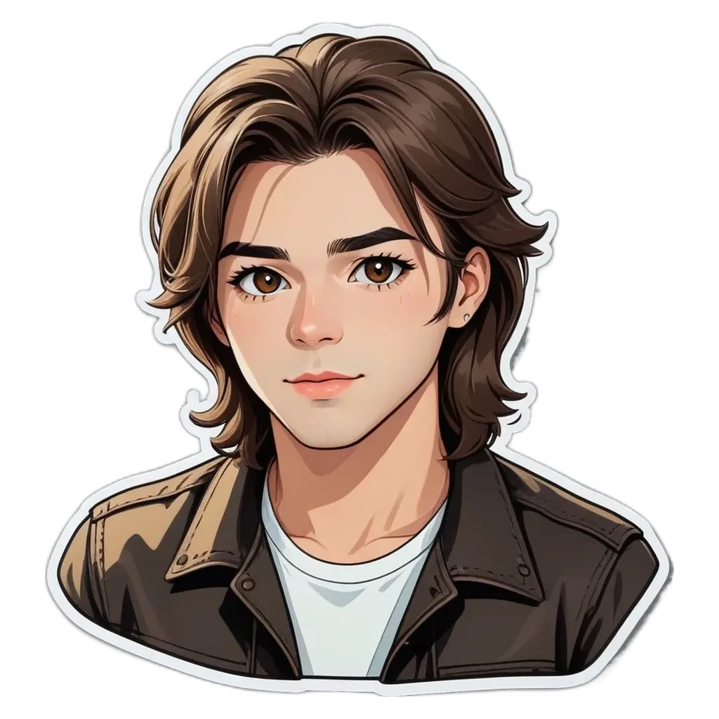 A boy with a white shirt and brown jacket with a sticker of him.