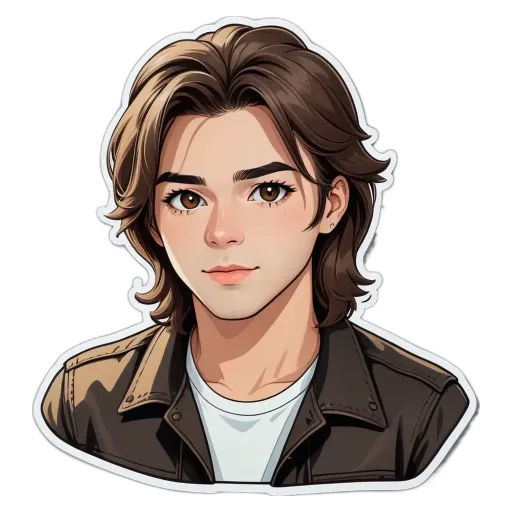 A boy with a white shirt and brown jacket with a sticker of him.