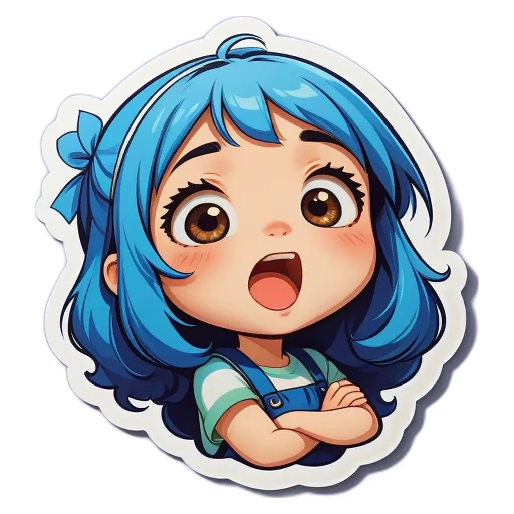 A blue haired girl with a mouth open like a dog.