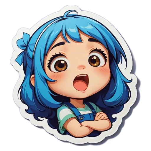 A blue haired girl with a mouth open like a dog.