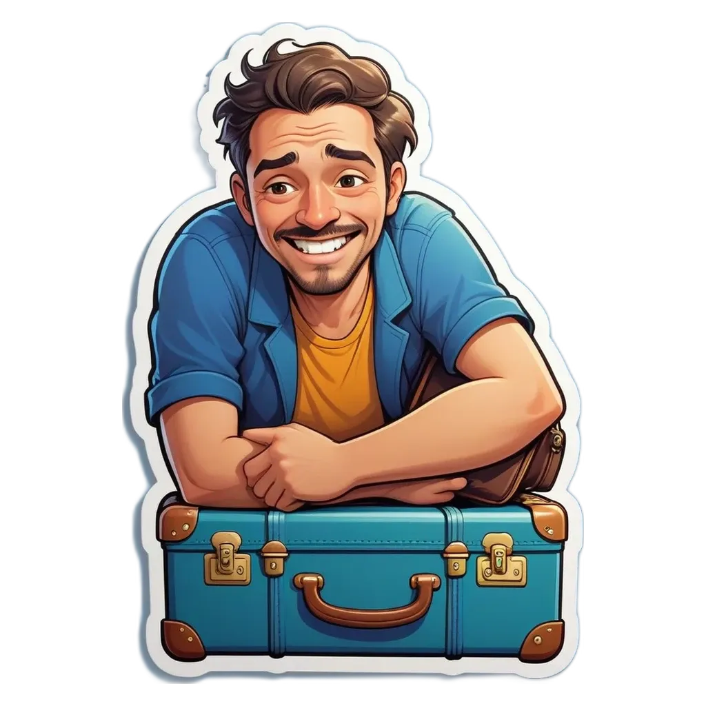 A sticker of a man with a suitcase.