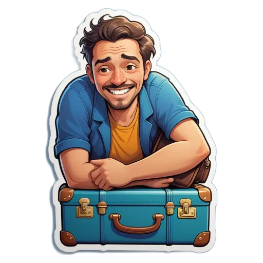 A sticker of a man with a suitcase.