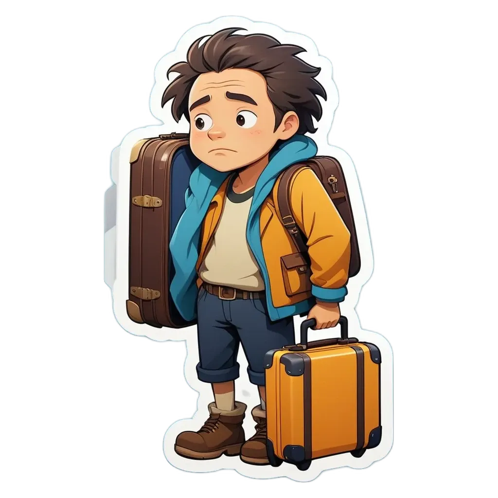 A boy with luggage standing in front of a black background.