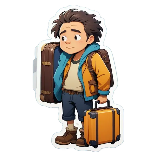 A boy with luggage standing in front of a black background.