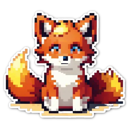 An orange digital fox with a blue eye is sitting on a black background.