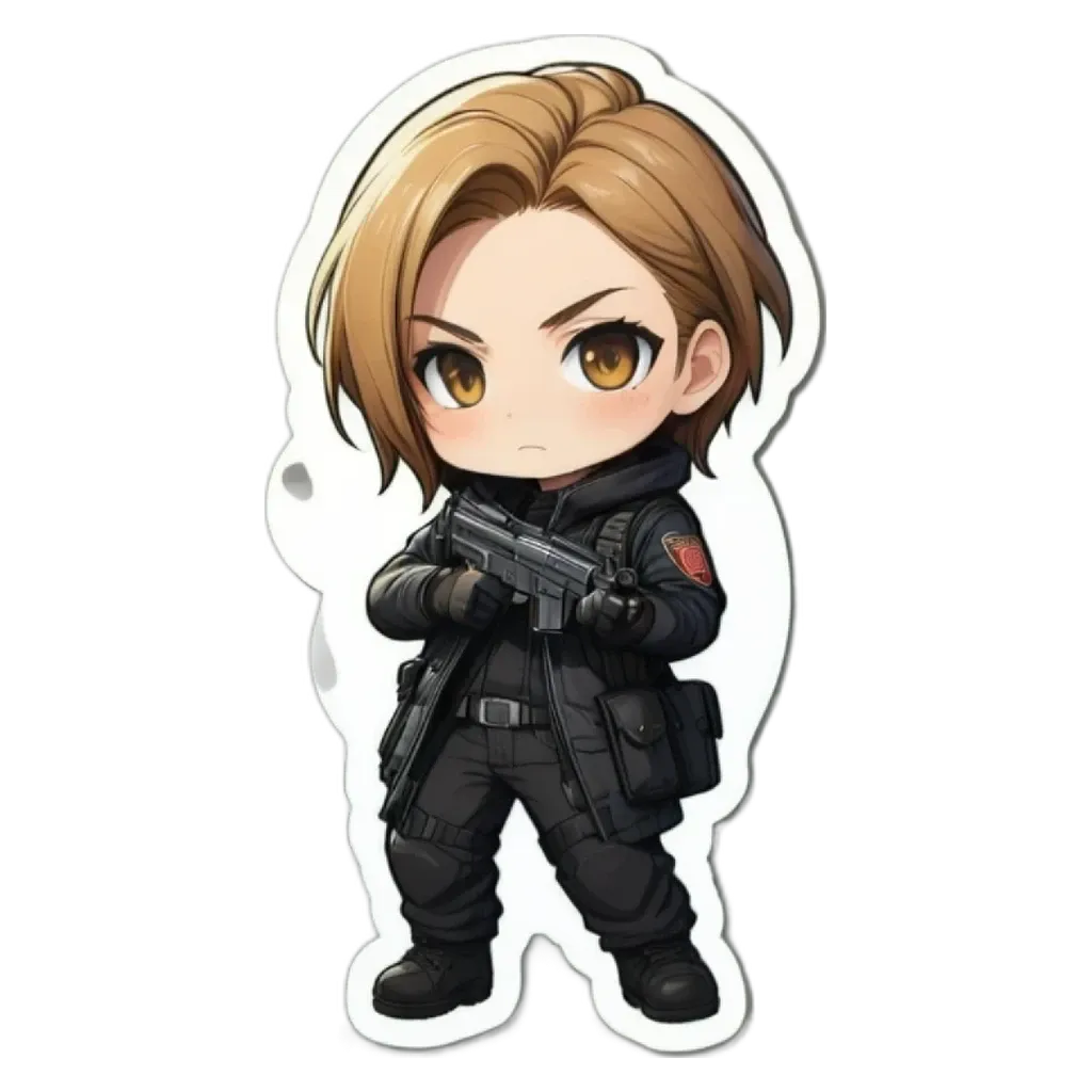 A girl with a gun that is a part of a shape.