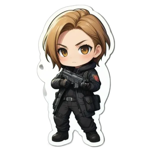 A girl with a gun that is a part of a shape.