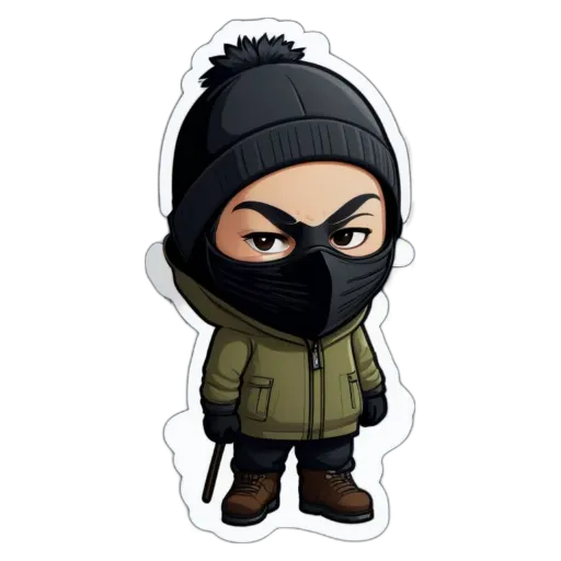 A cartoon depiction of a man with a black mask and coat.