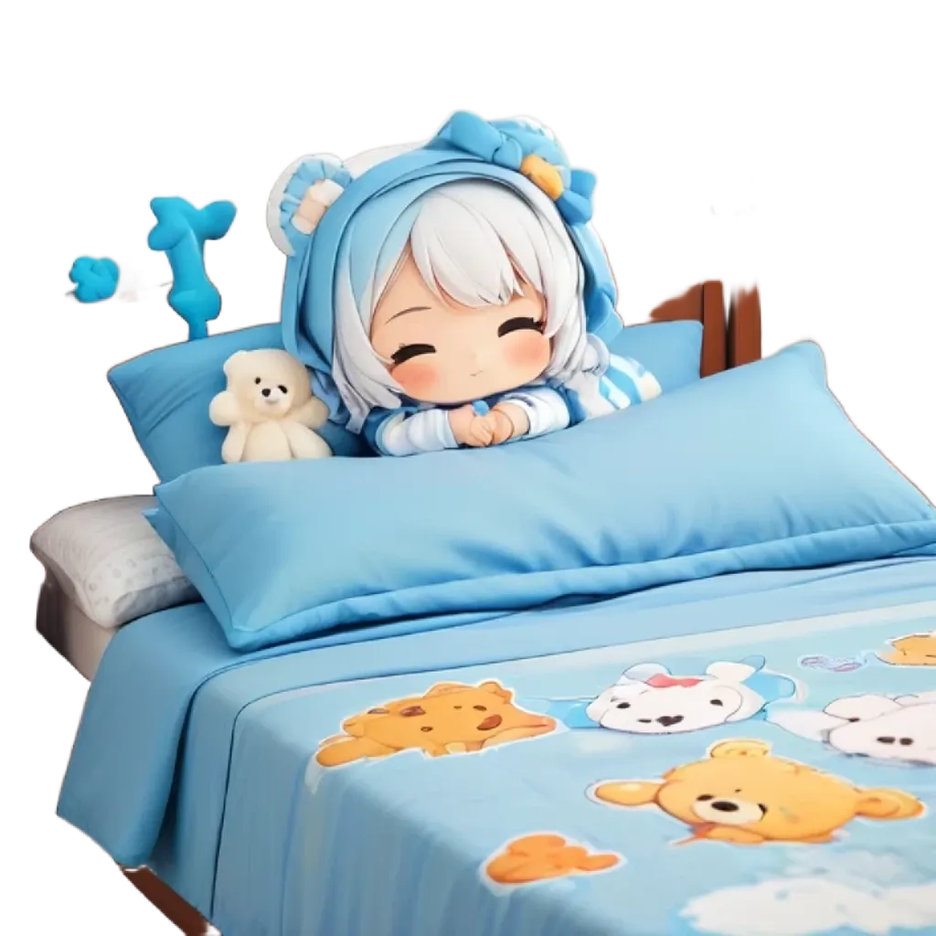 A child wearing a blue pajama suit and teddy bear on a bed.