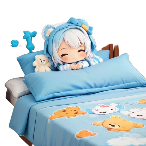 A child wearing a blue pajama suit and teddy bear on a bed.