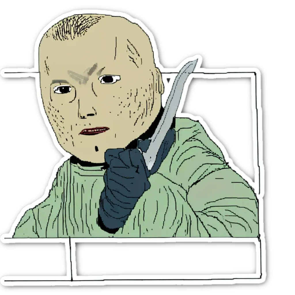 A sticker of a man holding a knife that says 'this is an image of'.