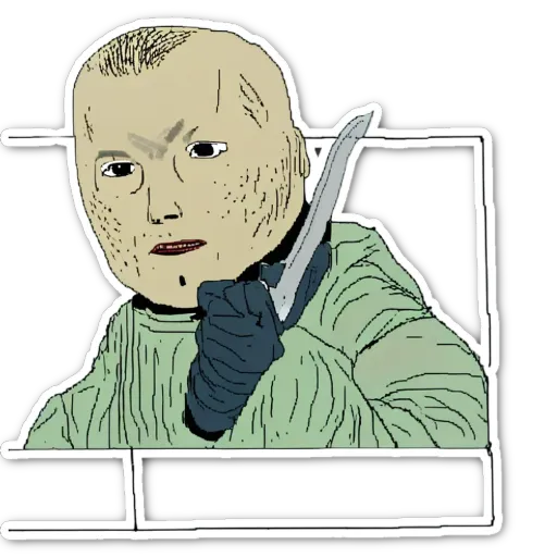 A sticker of a man holding a knife that says 'this is an image of'.