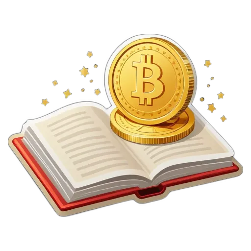 An open book with a coin on top and a hash symbol.