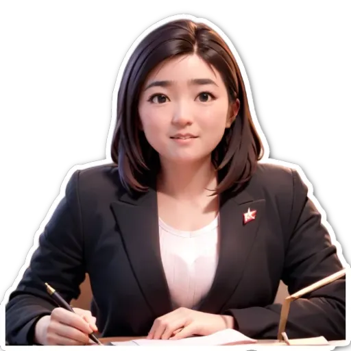 A sticker of a woman who is wearing a jacket and writing something down.