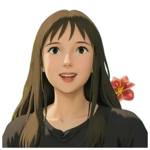 A sticker of a girl with a flower on her right cheek.