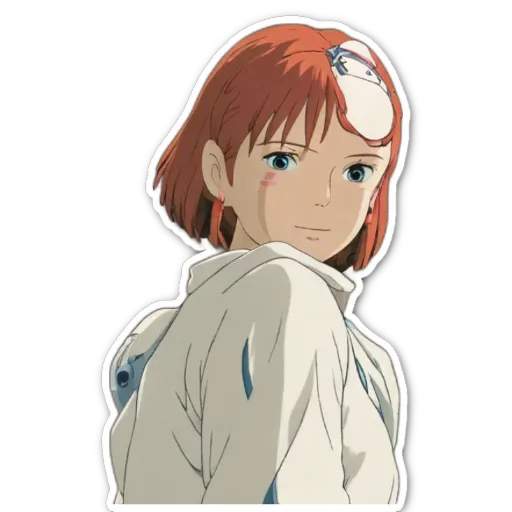 A girl with a sticker on her that is of a anime character.