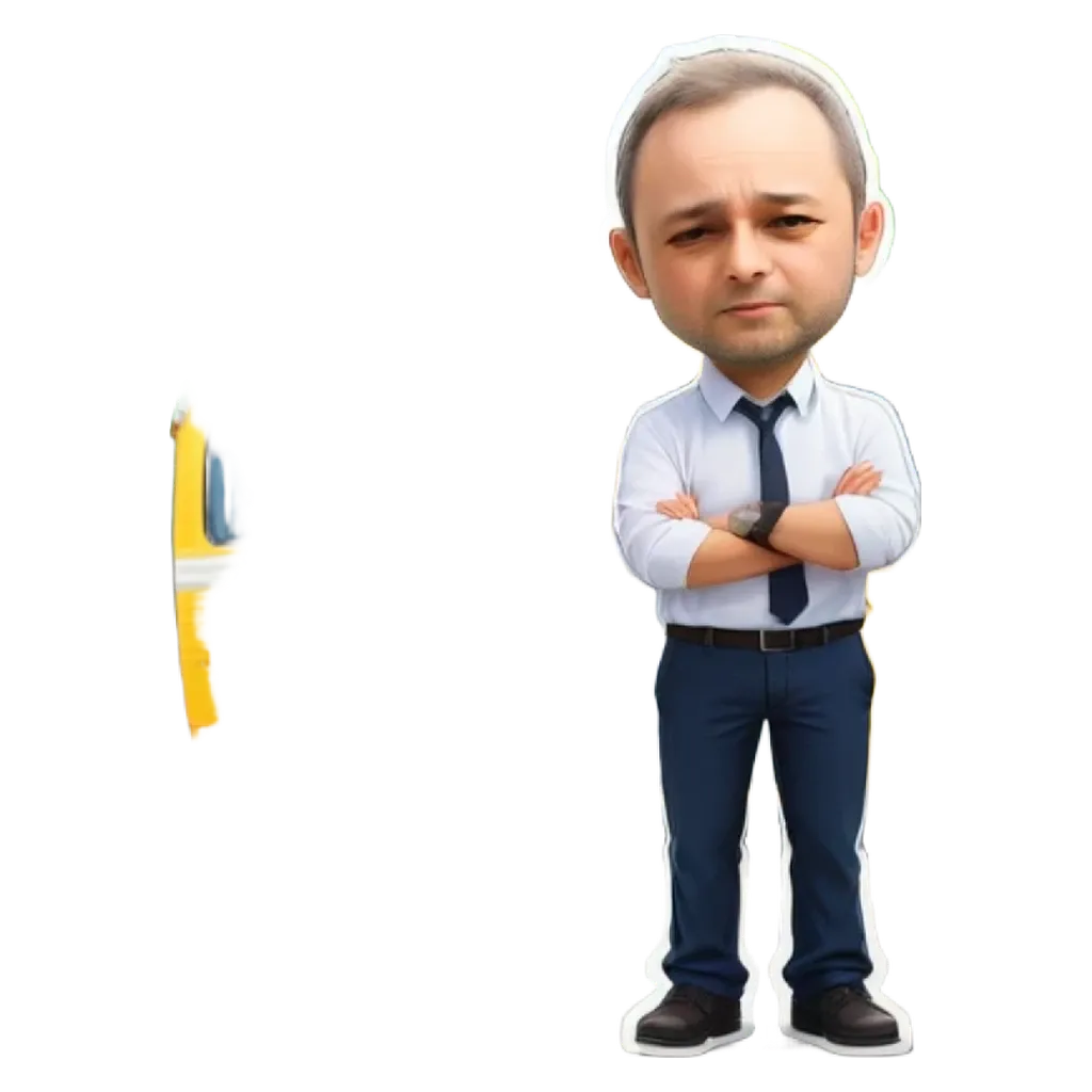 A cartoon depiction of a man in a white shirt and tie standing with his arms folded.