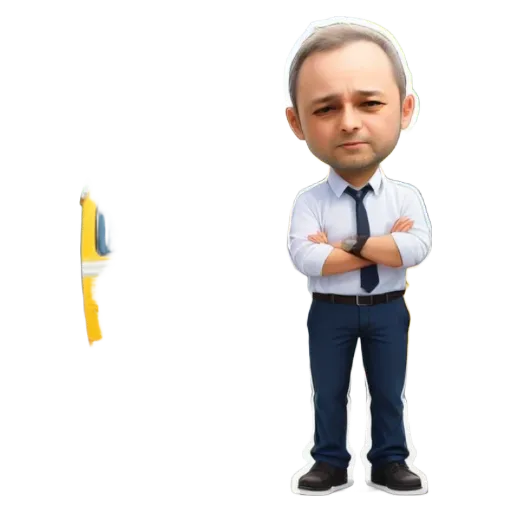 A cartoon depiction of a man in a white shirt and tie standing with his arms folded.
