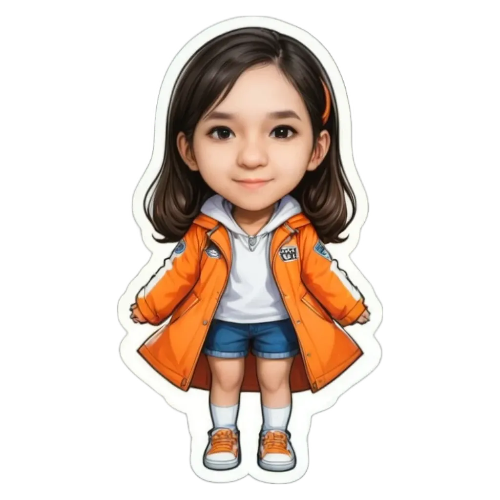 A girl wearing an orange coat is standing on a black and white background.