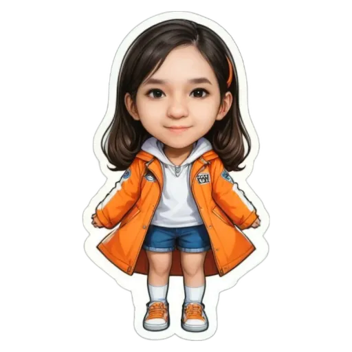 A girl wearing an orange coat is standing on a black and white background.