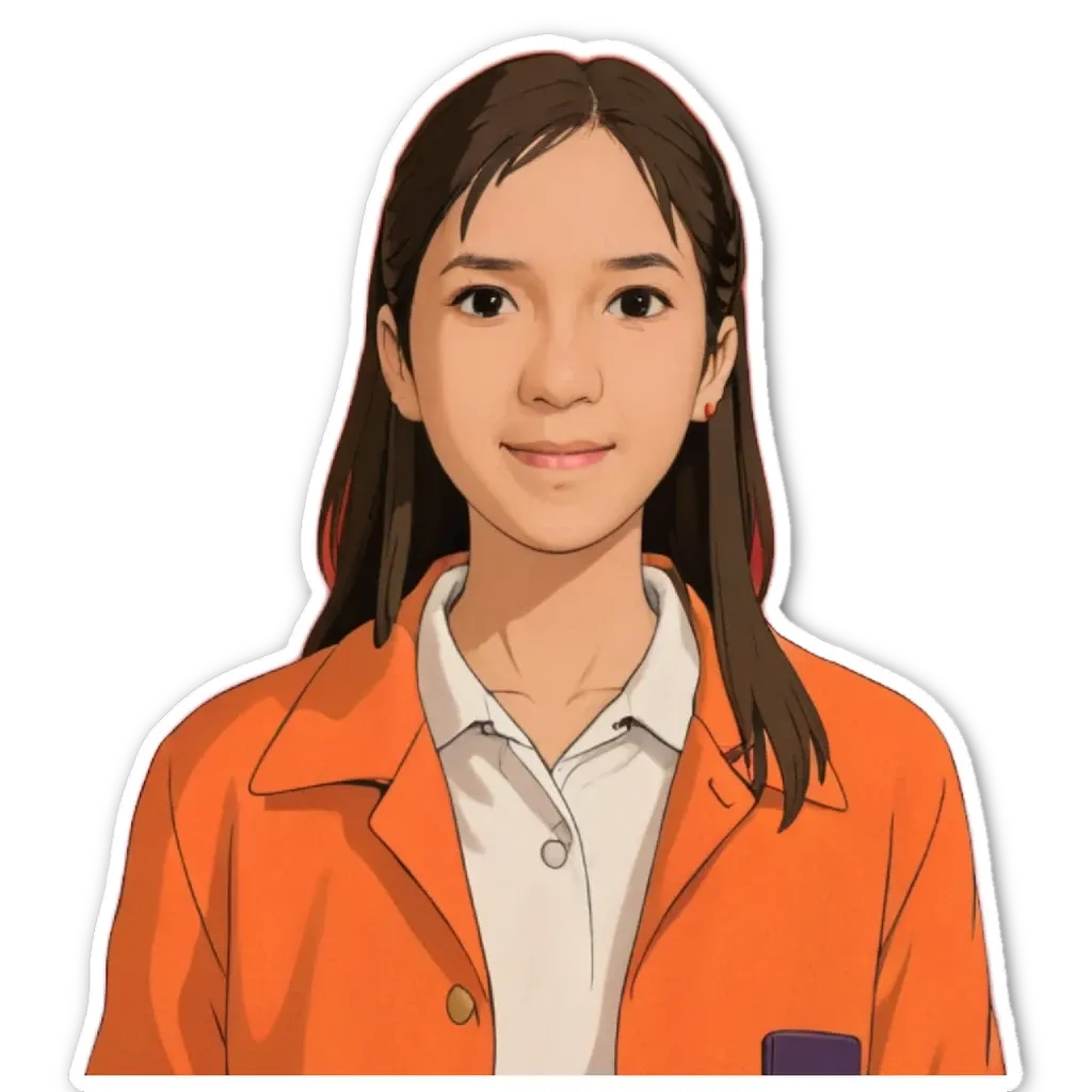 An Asian woman wearing an orange shirt with a collar.