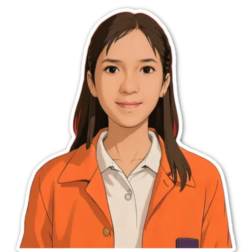 An Asian woman wearing an orange shirt with a collar.
